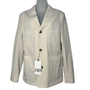 ZARA Men's Lined Seersucker Suit Jacket Blazer SZ S Pockets NEW Cream